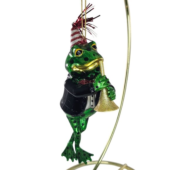 Frog Ornament Playing Trumpet With Party Hat & Tuxedo Glass - Picture 1 of 7